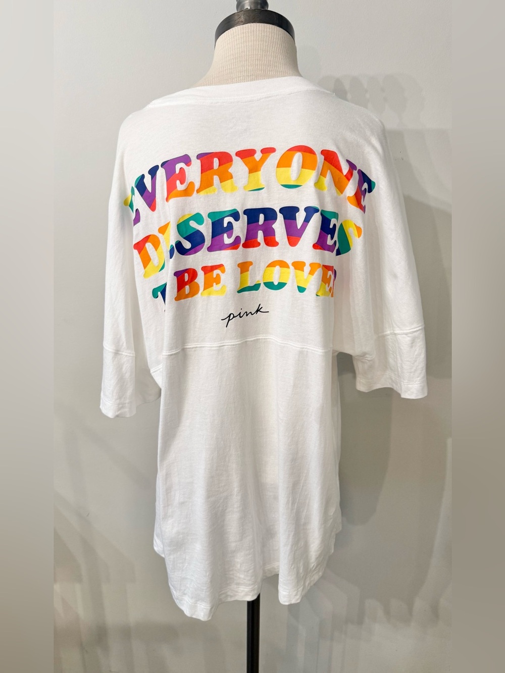 Victoria Secret PINK Varsity Crew T-Shirt Pride Rainbow Everyone Deserves Love L
